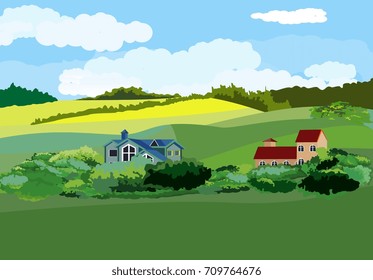 Countryside landscape vector illustration,green fields, houses and blue sky.