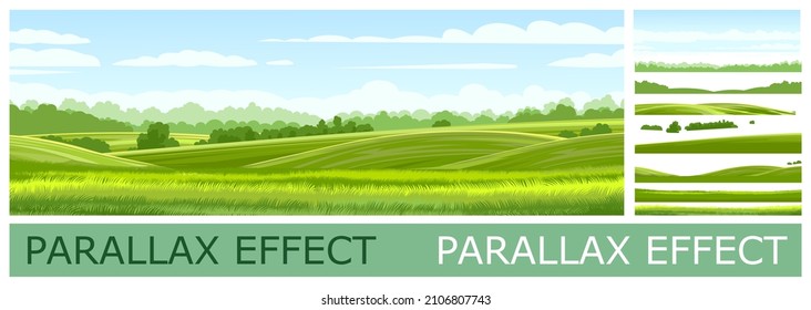 Countryside landscape with vegetable gardens and pastures. Solid layers for folding the picture with a parallax effect. Vector.