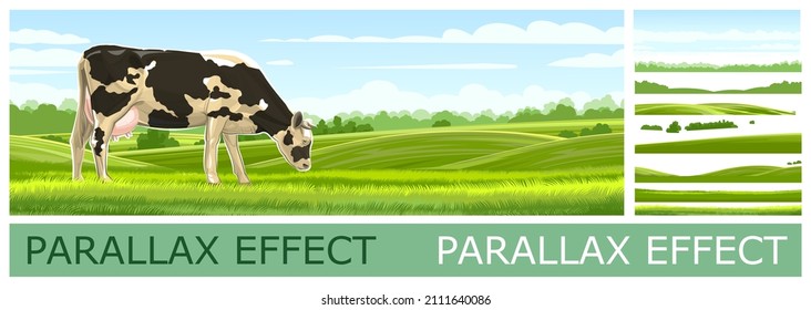 Countryside landscape with vegetable gardens and pastures with a grazing goldstein cow. Solid layers for folding the picture with a parallax effect. Vector.