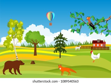 Countryside landscape view, forest, trees, tree forest, vector concept, little house  wild animals 
