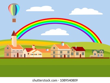 Countryside landscape view, rainbow, vector concept, vilage houses along highway