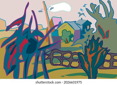 Countryside landscape, villa, houses in nature - creative vector illustration.