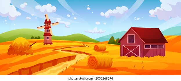 Countryside landscape with wheat, windmill, warehouse, road, clouds, sky. Concept of harvest in late summer. Vector graphic illustration