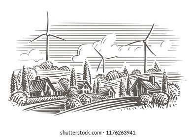 Countryside landscape with wind turbines on the background engraving style illustration. Vector. Layered.