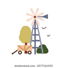 Countryside landscape with windmill and agriculture wagon. Country wind mill, eco turbine, rural equipment, tools, construction outdoors. Flat vector illustration isolated on white background