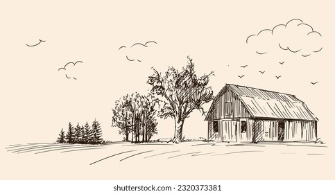 Countryside landscape with wooden barn. Fast pencil hand sketch on a beige background.