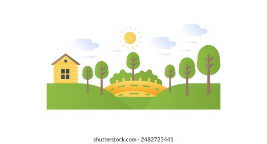 Countryside landscape with wooden house, trees growing on green hills vector illustration