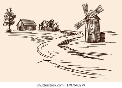 Countryside landscape with wooden houses and a mill. Pencil hand sketch on a beige background.