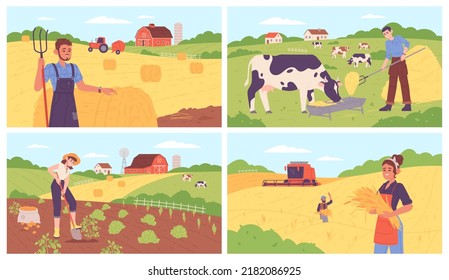 Countryside landscape workers. Peasant cultivating soil field agriculture, garden farmer farmland worker harvest hay bale on cow grassland countryside, vector illustration of countryside landscape