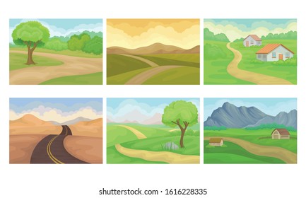 Countryside Landscapes with Hills and Houses Vector Set