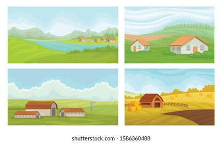 Countryside Landscapes Vector Set. Rural Area Graphic Collection