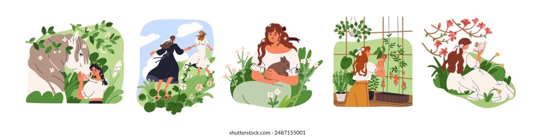 La vida en el campo. Mujer disfrutando de la naturaleza rural, el campo, la estética de la cabaña en las vacaciones de verano. Mujer relajante al aire libre en el pueblo, conjunto. Ilustraciones vectoriales planas aisladas sobre fondo blanco