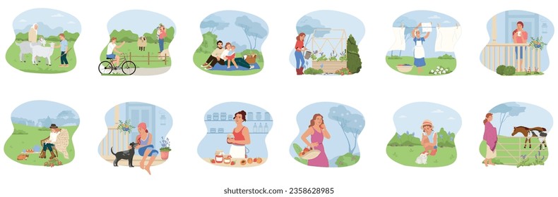 Countryside lifestyle icons set with rural activity symbols flat isolated vector illustration
