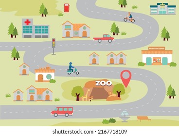 Mapa de campo con lugares a lo largo de las carreteras, diseño de ilustraciones vectoriales