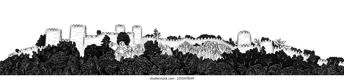 Countryside medieval tower castle panoramic view landscape scenery vector illustration with forest and trees on a mountain with rocks