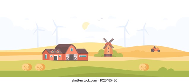 Countryside - modern flat design style vector illustration on white background. A high quality composition with a barn, field, silhouettes of windmills, tractor, haystacks. Organic farming concept