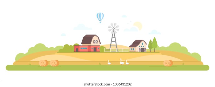 Countryside - modern flat design style vector illustration on white background. A high quality composition with a barn, trees, mill, geese, haystacks