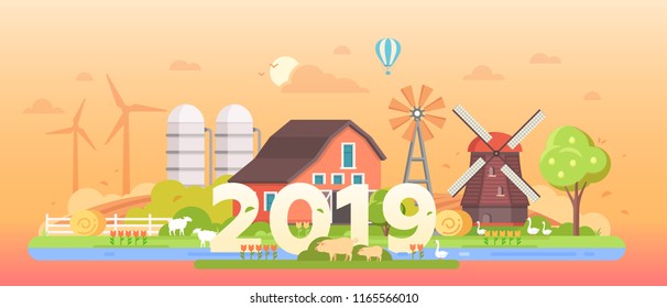 Countryside - modern flat design style vector illustration on orange background. Lovely peaceful landscape with a barn, silage tower, mill, farm animals, hat air balloon in the sky, 2019 year sign
