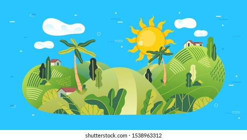 The countryside in the mountain illustration with many tree, small house and beautifull landscape in sunny day with blue sky background. flat design vector illustration