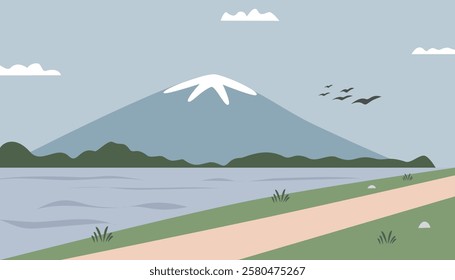 Countryside mountain with lake. Countryside path. Rural street. Rustic. Climbing route. Bushes. Silhouette. River. Fuji mountain. Picnic place. Holiday place. Mountain cartoon. Park. 