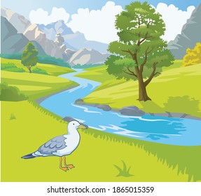 countryside mountain landscape in summer, green trees river and seagull on the lawn concept flat illustration