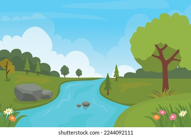 Countryside nature landscape cartoon  background with river, rock, green grass, tree, hill and flowers