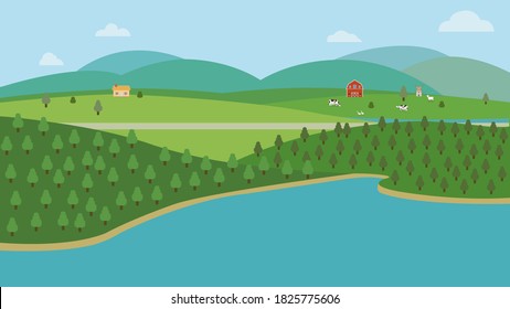 Countryside nature landscape with farm.Vector illustration.Natural scene with hills trees river road  mountain cloud and sky.Farmland with animal and forest.Ecology spring land concept