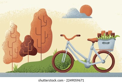 Countryside nature scene with bicycle and flower basket. Textured illustration