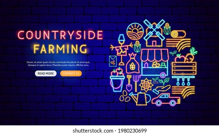Countryside Neon Banner Design. Vector Illustration of Farming Promotion.