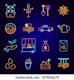 Countryside Neon Icons. Vector Illustration of Farming Promotion.