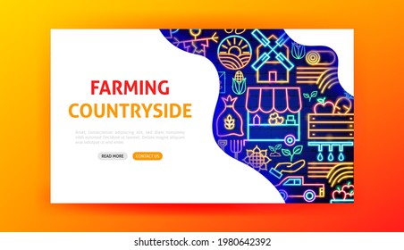 Countryside Neon Landing Page. Vector Illustration of Farm Promotion.
