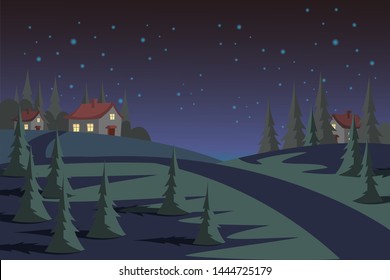 Countryside At Night Flat Vector Illustration. Evening Suburban Landscape, Empty Street With Residential Buildings And Fir Trees. Picturesque Scenery With Cottages. Starry Sky Over Neighborhood