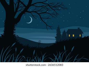 Countryside night time illustration with a house, crescent moon and stars