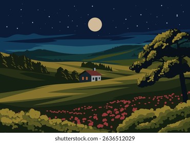 Countryside night time landscape illustration with house, grassland, trees, moon and stars