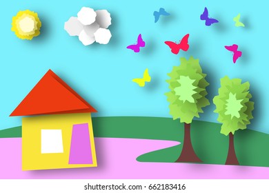 Countryside Paper World. Rural Life with Cut, House, Trees, Clouds, Sun. Over the Meadow Flying Butterflies. Summer Landscape. Cutout Applique. Hanging Elements. Vector Illustrations Art Design.