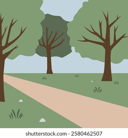 Countryside path. Forest path. Jungle illustration. Trees. Grass. Children book background. Rustic street. Rural park.