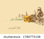Countryside peaceful life hand drawing. Old small house, a watermill idyllic landscape
