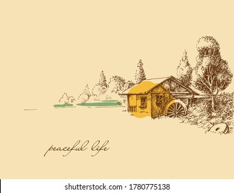 Dibujo de la mano de la vida pacífica en el campo. Vieja casa pequeña, un molino de agua de paisaje idílico