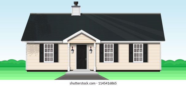 Countryside private house on the nature. One-storey wooden house with a trumpet and three windows. Vector illustration