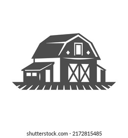 Countryside ranch house livestock harvest warehouse monochrome vintage icon vector illustration. Rural agricultural cattle crop storage isometric building village industrial farm country farmland