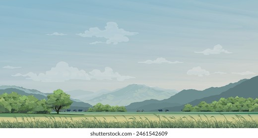 Countryside rice fields landscape with small town and mountain range flat design graphic vector illustration have blank space.