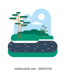 Countryside with a river bank or lake shore