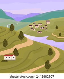 Countryside with river, green hills, fields, rural buildings, houses. Landscape with country, village. Summer nature of grass valley. Farmland view on vertical poster. Flat vector illustration