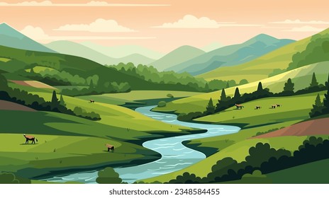 Countryside river surrounded by lush greenery on hills. Twilight, fresh air. Farm animals. 