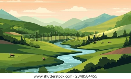 Countryside river surrounded by lush greenery on hills. Twilight, fresh air. Farm animals. 