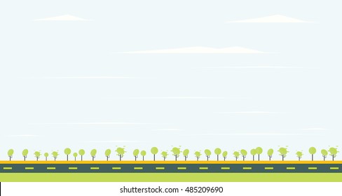 Countryside road with green tree and blue sky. Vector illustration.