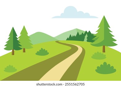 
Countryside road in lush grassy landscape isolated flat vector illustration on white background