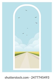 Countryside road rural landscape scene view. Vector Spain region view with wheat field 2d cartoon art.