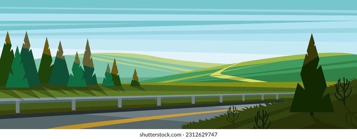 Countryside road in summer landscape vector illustration. Cartoon asphalt highway for outdoor adventure and journey at evening, roadway among green grass on field and spruce trees with shadow