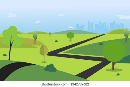 Countryside with road , trees , hills , sky and town background vector illustration.Main street to city.Urban scene with nature background.Beautiful nature landscape.